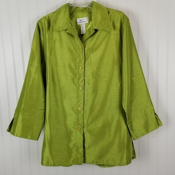Da Rue Drapers & Damon Womens Button Blouse Size 14 Shiny Green Layer Vintage - Picture 8 of 8